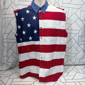 Roper Sleeveless Shirt Large Red White Blue American Flag Patriotic Button Up